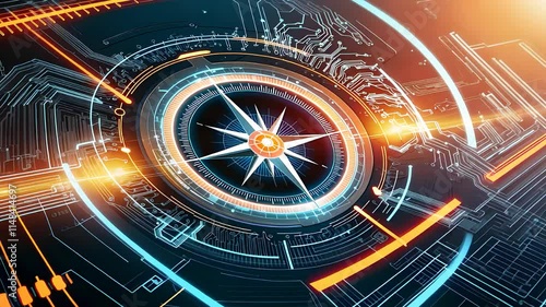 Futuristic Compass Interface with Glowing Orange and Blue Elements in a High-Tech Digital Design

 photo