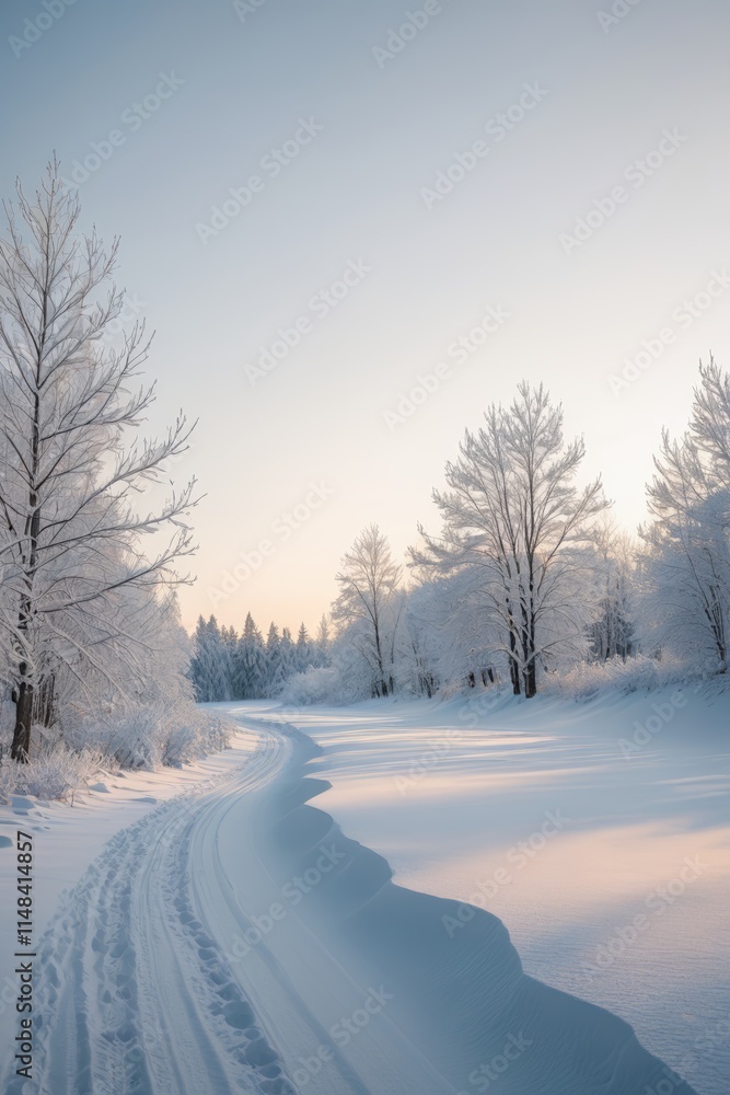 snowy road with tracks in the snow and trees in the background snowy road with tracks in the snow and trees in the background