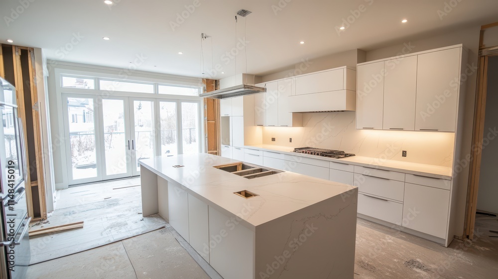 Modern kitchen island with white quartz countertop, under-mount sink, and recessed lighting. Shows new home construction progress, showcasing stylish kitchen design and clean aesthetic. Modern kitchen island with white quartz countertop, under-mount sink, and recessed lighting. Shows new home construction progress, showcasing stylish kitchen design and clean aesthetic.