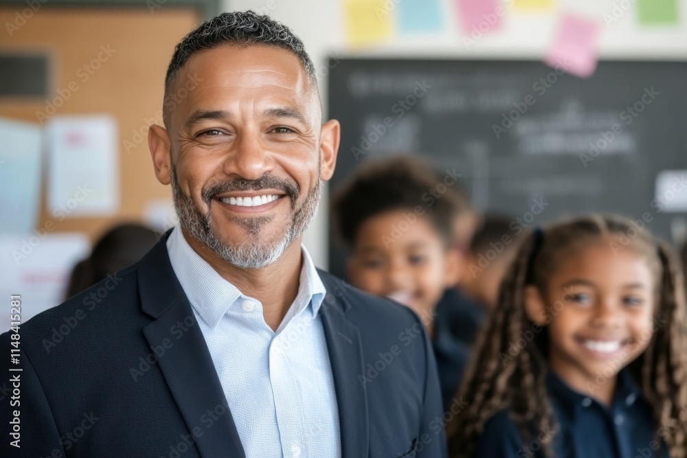 A happy teacher in a professional suit stands in a classroom with students, embodying enthusiasm and dedication to fostering an inspiring educational experience. A happy teacher in a professional suit stands in a classroom with students, embodying enthusiasm and dedication to fostering an inspiring educational experience.