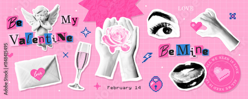 Set of retro elements for Valentines Day. Collection of halftone stickers , paper cut out design elements in Y2K style, modern romantic collage with pixel details. Trend vector pack