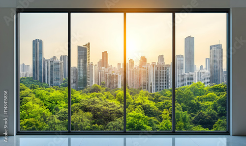 A panoramic view of a city skyline at sunset, framed by large windows and lush greenery.