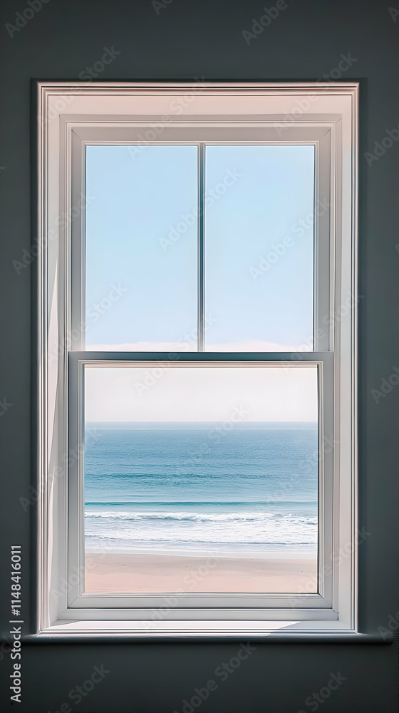 A serene view through a window showcasing the ocean and beach. A serene view through a window showcasing the ocean and beach.