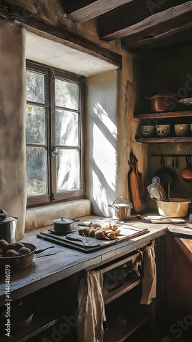 A rustic kitchen scene with natural light, showcasing baking ingredients and utensils.