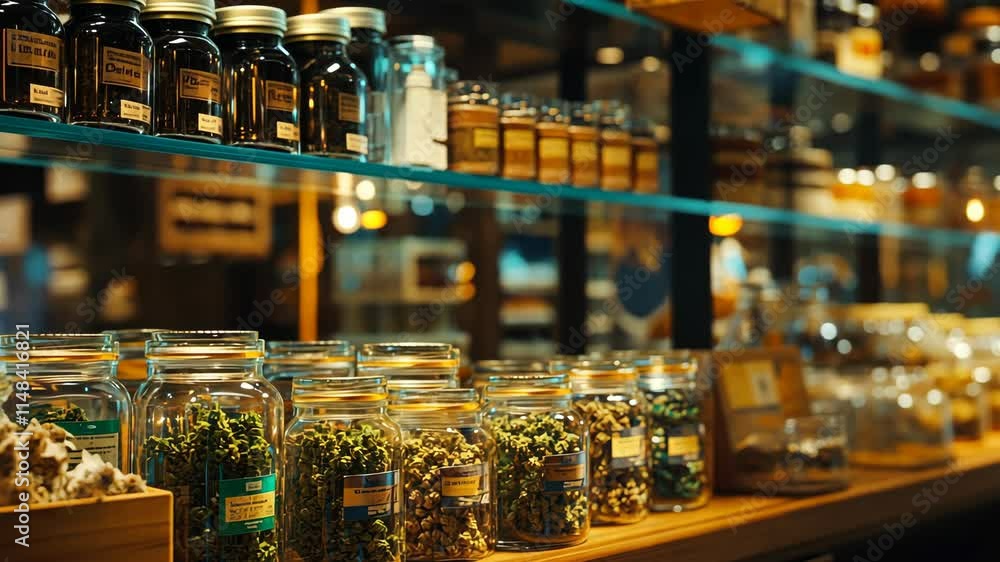 Herbal apothecary display with various jars of dried herbs and spices in a charming shop Herbal apothecary display with various jars of dried herbs and spices in a charming shop