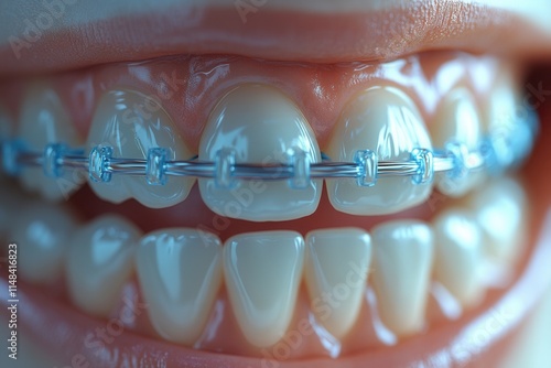 Close-up of a mouth with braces showcasing dental alignment. photo