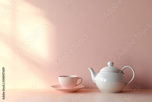 Wallpaper Mural A blue teapot sits on a white table with a pink wall and sunbeams in the background.
 Torontodigital.ca