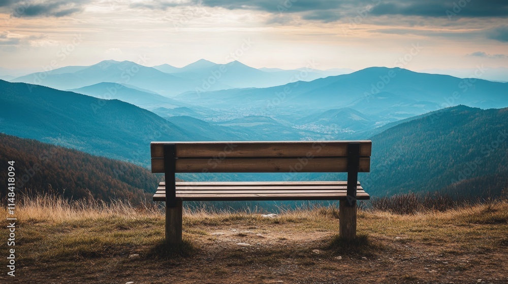 a wooden bench with mountains in the distance and morning sky a wooden bench with mountains in the distance and morning sky