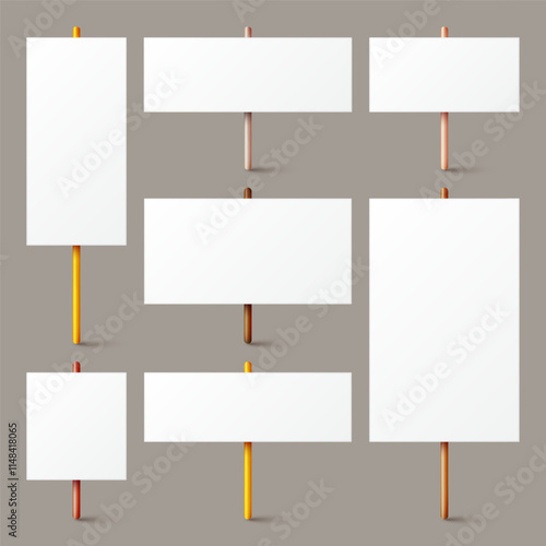 Blank white protest sign with wooden holder. Various realistic vector demonstration banners. Strike action cardboard placard mockup. Social advertisement. Vector illustration
