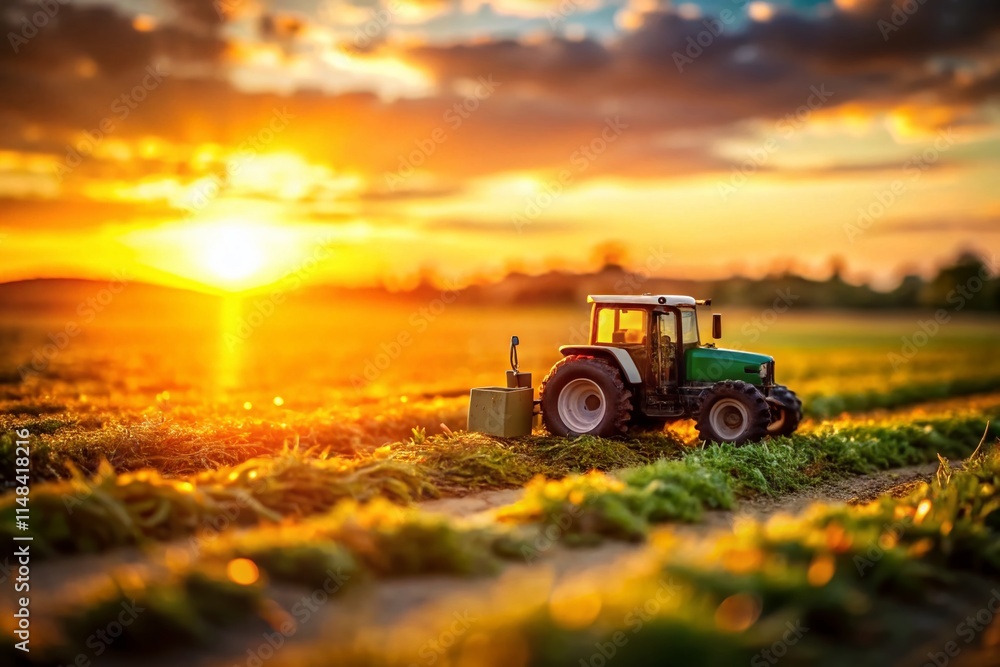 Fototapeta premium Tilt-Shift Sunset Tractor Field Photography: Miniature Farm Scene, Rural Landscape, Golden Hour