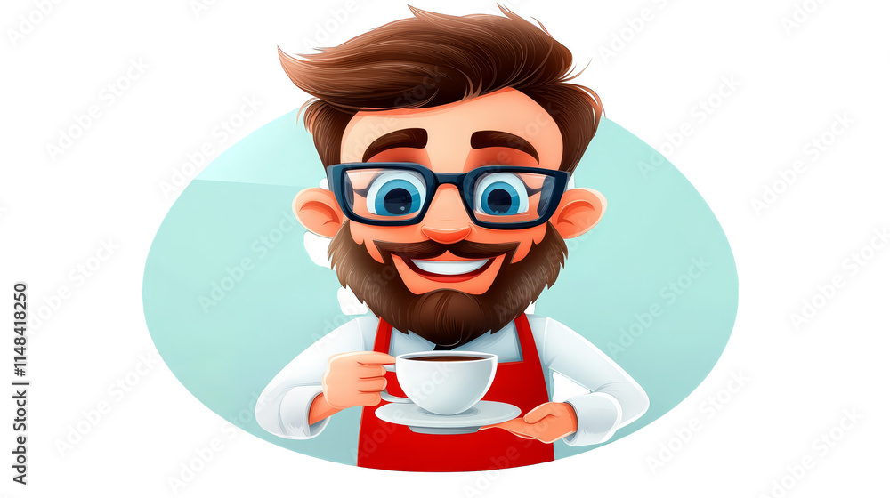 Happy Barista Cartoon Coffee Shop Mug Beard Glasses Happy Barista Cartoon Coffee Shop Mug Beard Glasses