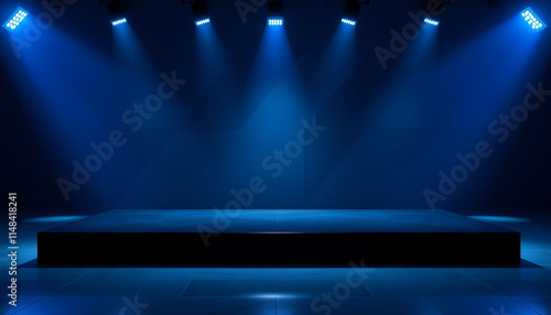 Dark futuristic blue modern podium with stage lights