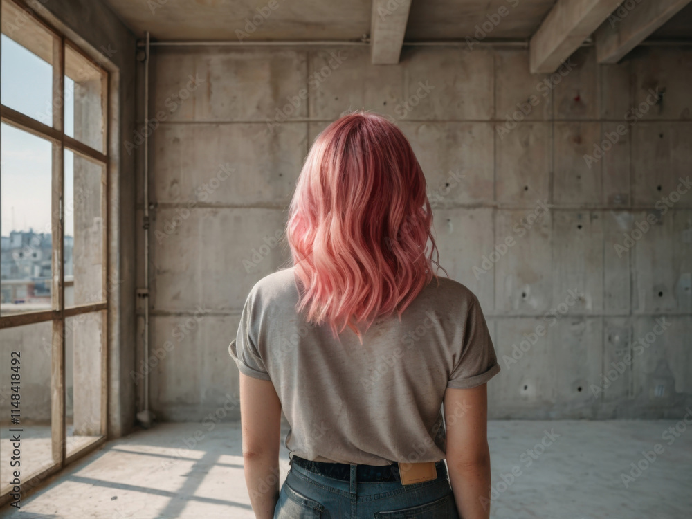 Vista posterior de una joven de moda con cabello rosado en un nuevo departamento de concreto vacío
Vista posterior de una joven de moda con cabello rosado en un nuevo departamento de concreto vacío