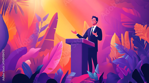 Businessman standing at a podium during a formal presentation, gesturing expressively to an audience, Public speaking, engaging delivery