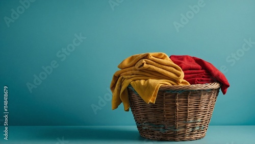 A vibrant collection of laundry—yellow, red, and blue—arranged in a wicker basket, placed against a clear teal backdrop, symbolizing cleanliness and ..