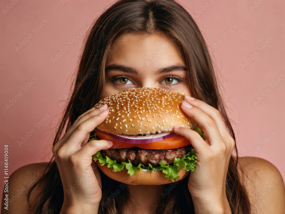 Hermosa joven cubriéndose la cara con una gran hamburguesa deliciosa
Hermosa joven cubriéndose la cara con una gran hamburguesa deliciosa