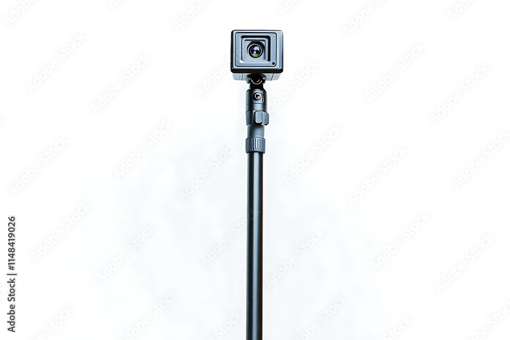 Photo and video lightweight black action camera with selfie stick on white background. Photo and video lightweight black action camera with selfie stick on white background.