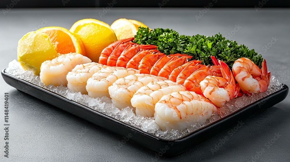 A minimalist seafood display featuring fresh scallops, shrimp, and crab legs on crushed ice. A minimalist seafood display featuring fresh scallops, shrimp, and crab legs on crushed ice.