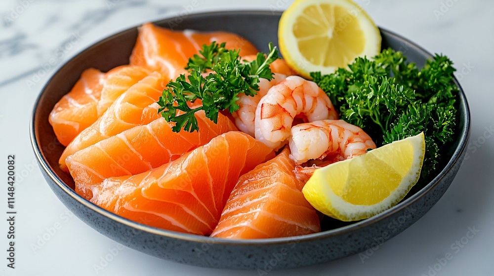 A sleek presentation of raw salmon and shrimp on a marble countertop with garnish. A sleek presentation of raw salmon and shrimp on a marble countertop with garnish.
