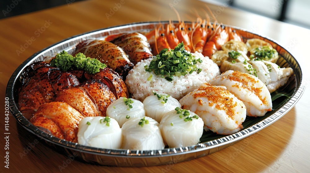 A vibrant assortment of raw seafood on a silver platter, including lobster, shrimp, and scallops. A vibrant assortment of raw seafood on a silver platter, including lobster, shrimp, and scallops.