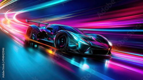 Futuristic Sports Car Accelerating on Neon Highway