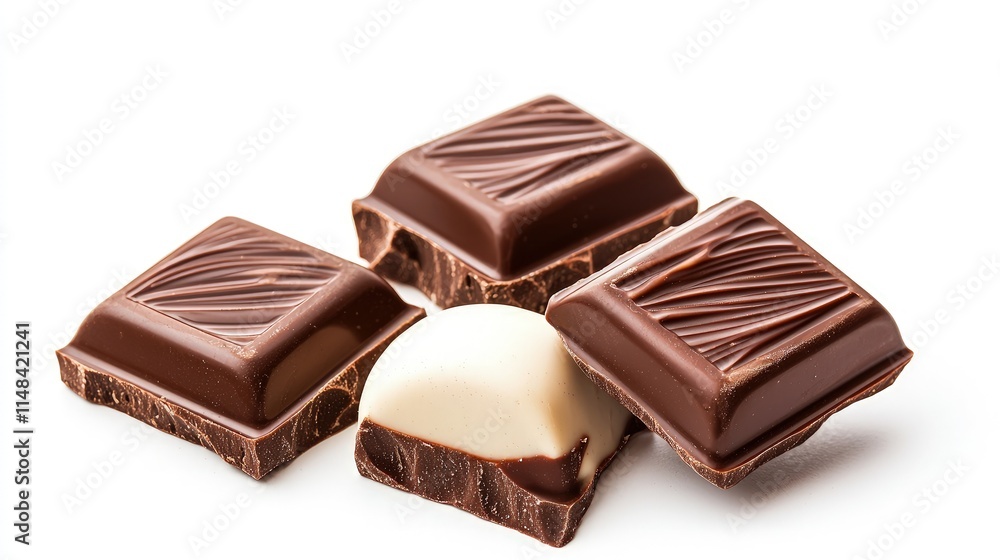 Delicious milk and dark chocolate squares isolated on white background. Delicious milk and dark chocolate squares isolated on white background.