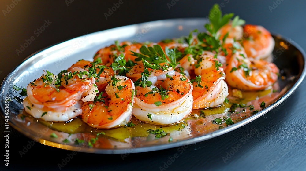 Fresh squid and prawns arranged on a silver plate with a drizzle of olive oil and herb sprigs. Fresh squid and prawns arranged on a silver plate with a drizzle of olive oil and herb sprigs.
