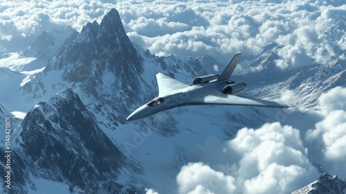 Sleek futuristic jet over snow-capped mountains.