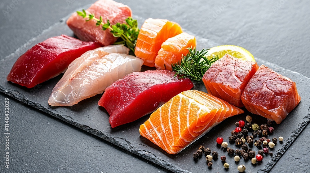 Raw fish and shellfish arranged on a polished slate surface, designed for premium culinary photography. Raw fish and shellfish arranged on a polished slate surface, designed for premium culinary photography.
