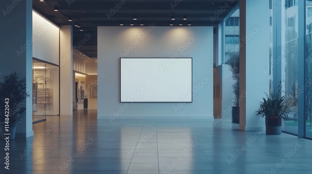 Blank billboard in modern lobby; shops visible. Perfect for advertising, mockups, or showcasing your brand in a sleek setting. Blank billboard in modern lobby; shops visible. Perfect for advertising, mockups, or showcasing your brand in a sleek setting.
