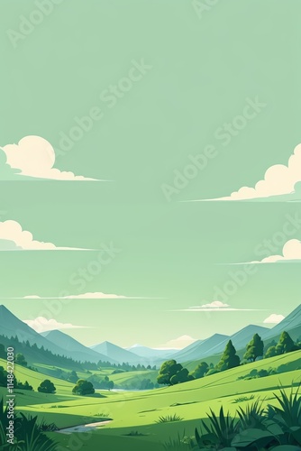there is a cartoon style illustration of a green valley with trees