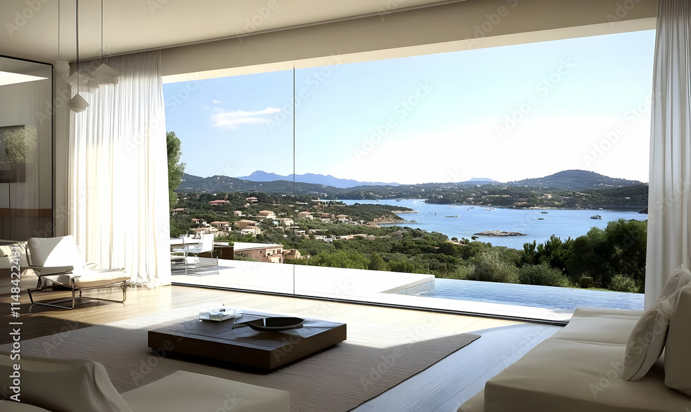 Fototapeta premium Modern living room with a stunning coastal view and large glass windows.