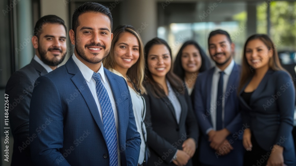 Confident businessman stands with diverse team. Image ideal for corporate success, teamwork, and leadership concepts. Confident businessman stands with diverse team. Image ideal for corporate success, teamwork, and leadership concepts.
