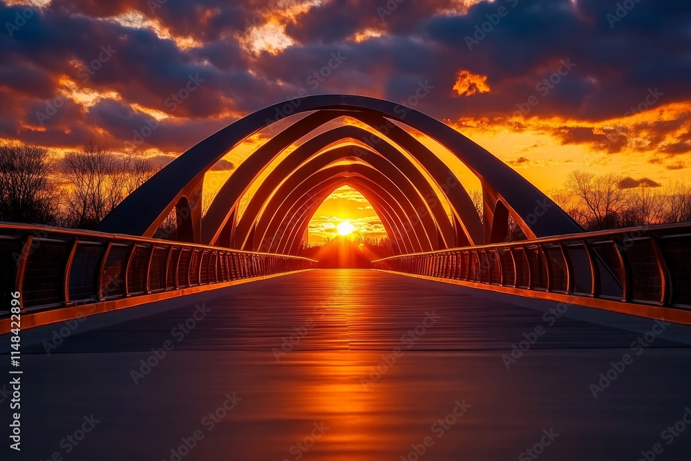 Obraz premium A dramatic photo of a geometric bridge at sunset, with sharp angles and intersecting beams creating stunning silhouettes
