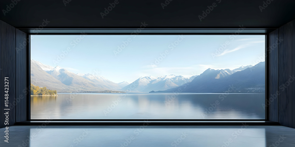 Fototapeta premium A panoramic view of serene mountains reflected in calm water through a large window.