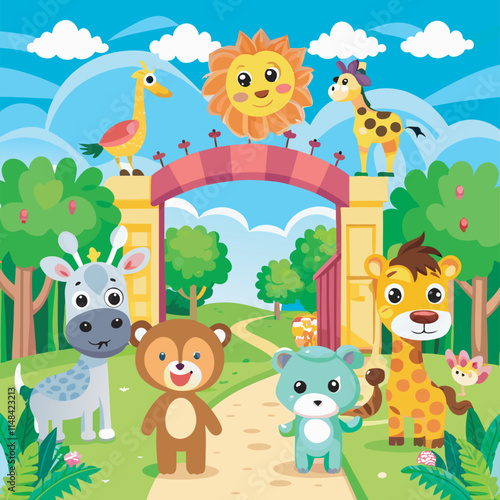 Cute cartoon animals at a zoo entrance.