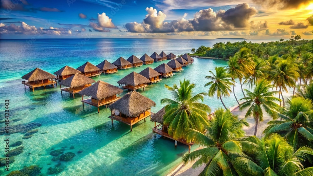 Obraz premium Tropical Thatched Bungalows Beach Paradise: Idyllic Island Getaway