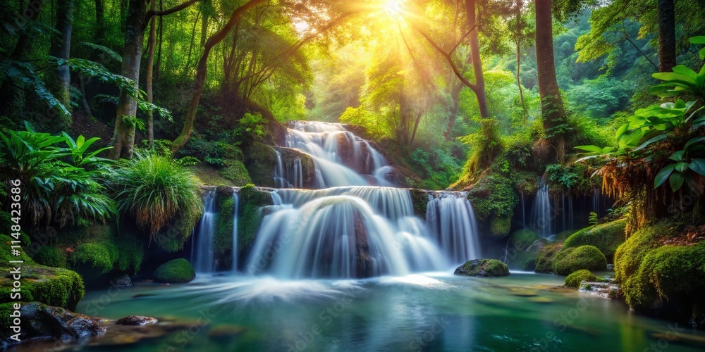 Tropical Waterfall Forest Scene: Lush Nature, Cascading Stream, Beautiful Landscape Photography Tropical Waterfall Forest Scene: Lush Nature, Cascading Stream, Beautiful Landscape Photography
