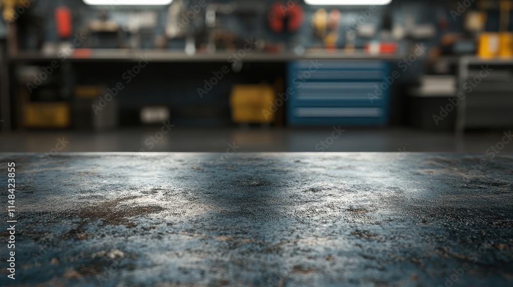 Rustic dark blue metallic surface; blurred workshop background. Perfect for product display, showcasing tools, or adding an industrial feel to designs. Rustic dark blue metallic surface; blurred workshop background. Perfect for product display, showcasing tools, or adding an industrial feel to designs.