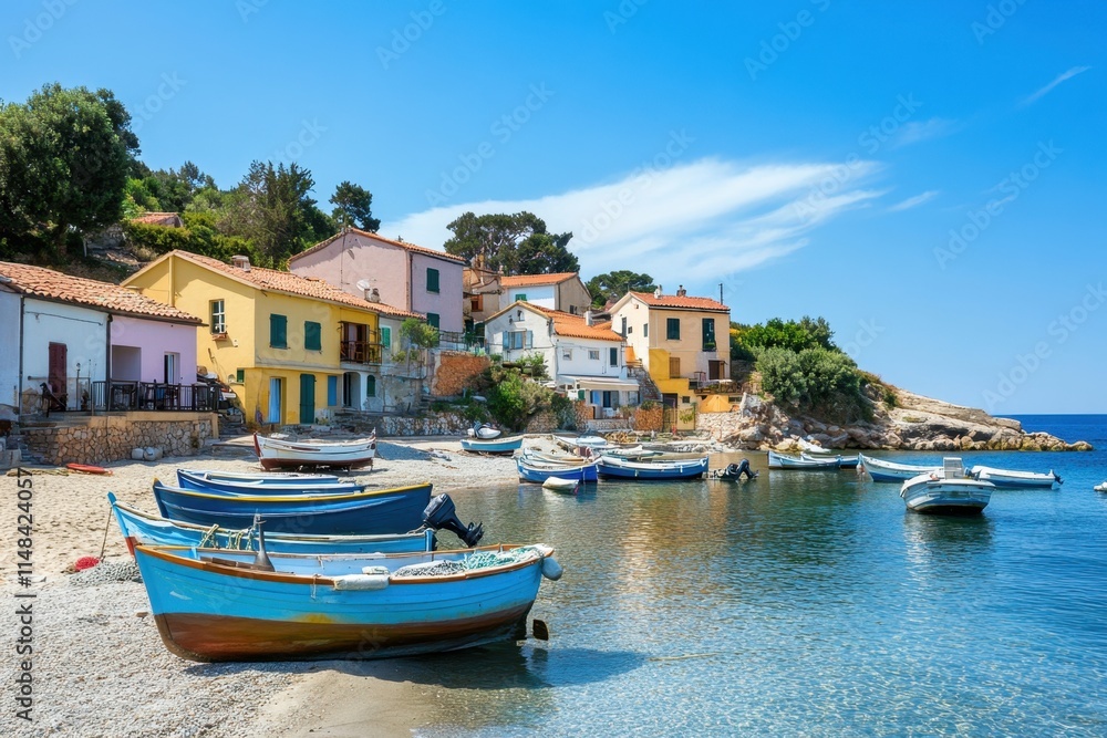 Fototapeta premium Fishing boats in a picturesque coastal village crystal clear waters colorful houses serene beach environment a stunning view of small ships docked tranquil seaside concept