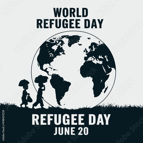 World Refugee Day greetings featuring silhouettes of people and a globe. Ideal for awareness campaigns, humanitarian event promotions, and social responsibility initiatives.