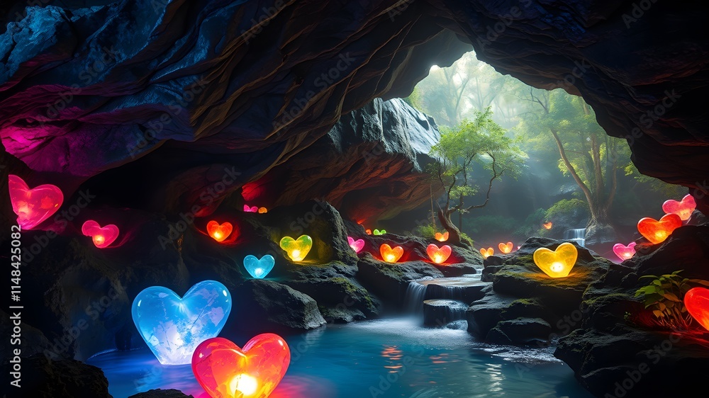 Obraz premium Heart-shaped crystals glowing in a mystical cave
