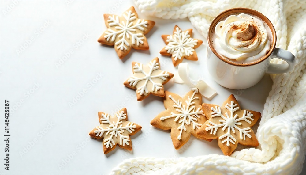 Winter Treats Snowflake Cookies and Whipped Cream Cocoa on a Knit Blanket Generated by AI. Winter Treats Snowflake Cookies and Whipped Cream Cocoa on a Knit Blanket Generated by AI.