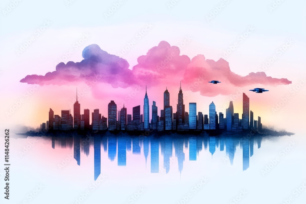 Fototapeta premium A dreamy watercolor painting of a futuristic city, with soft, glowing hues blending to create an ethereal skyline of flying vehicles and glowing towers