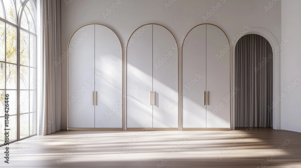 Obraz premium Sunlit minimalist room with arched white doors and hardwood floor.