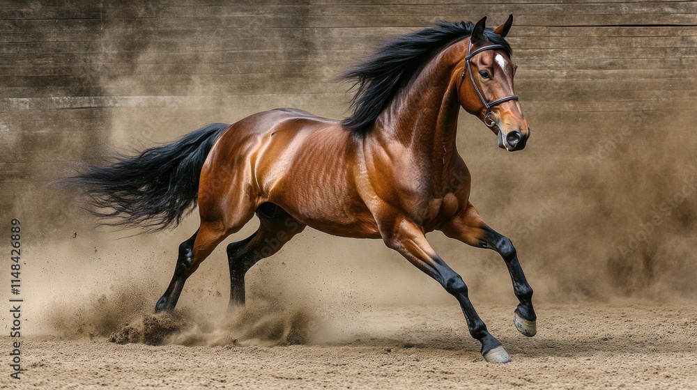 Fototapeta premium Brown horse powerfully running, dust flying. Perfect for equestrian, speed, and freedom themes.