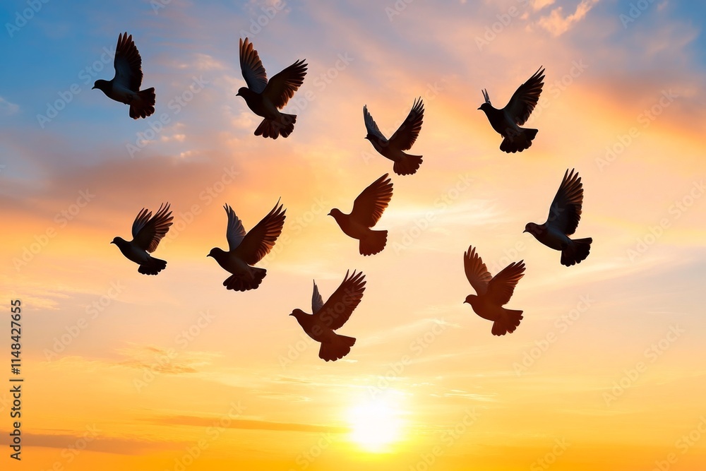 Fototapeta premium A flock of birds flying across a sunset sky, symbolizing freedom and limitless possibilities