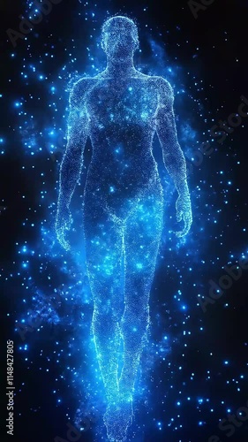 A glowing figure surrounded by stars, symbolizing spirituality and enlightenment, with a background of scattered blue light