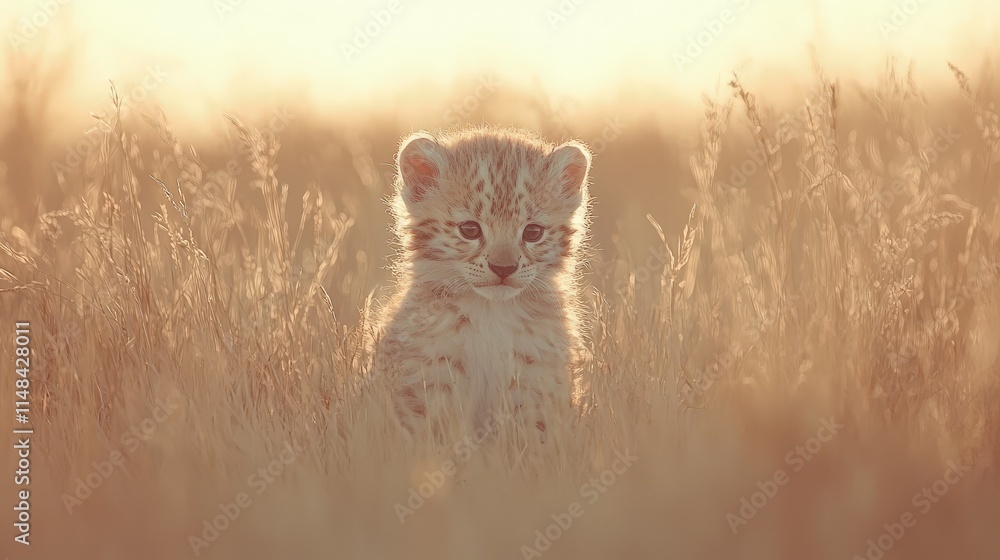 Adorable lynx kitten in tall grass at sunset. Adorable lynx kitten in tall grass at sunset.