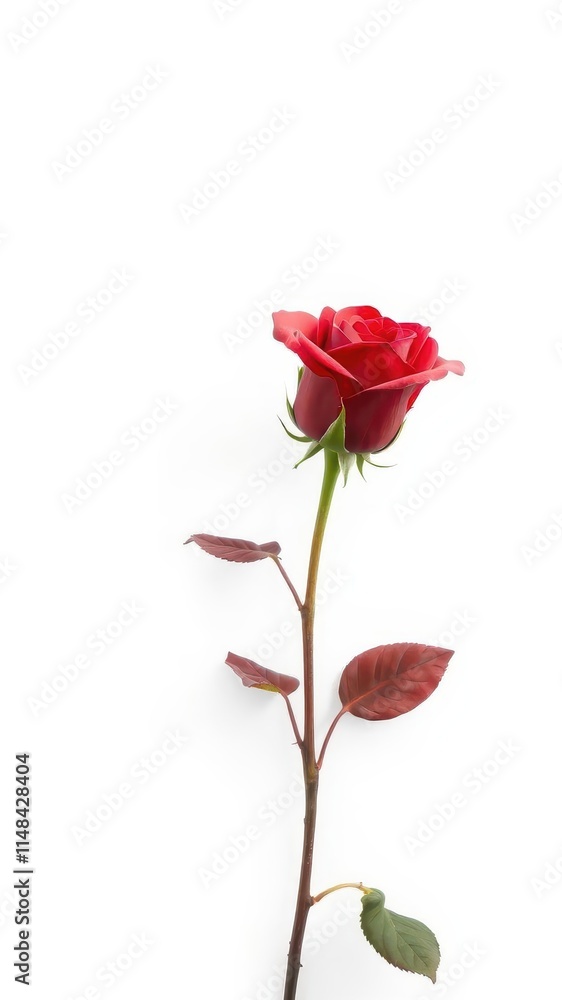 A single, vibrant red rose, petals unfurled, isolated against a pure white backdrop, vibrant color, beautiful rose A single, vibrant red rose, petals unfurled, isolated against a pure white backdrop, vibrant color, beautiful rose